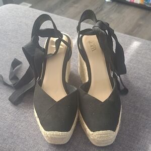 Zara Black Espadrille Wedge Sandals with Ankle Wrap